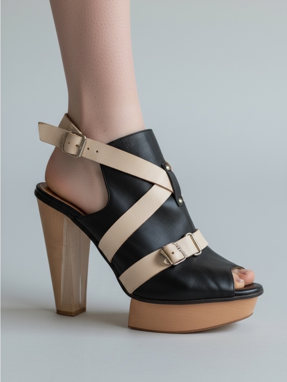 RUDSAK Black and Beige Strappy Platform Block Heels